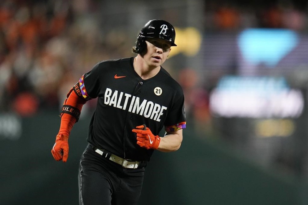 Baltimore Orioles' Heston Kjerstad runs the bases after connecting for a solo home run, his first major league hit, to break up a no-hitter bid by Tampa Bay Rays starting pitcher Zach Eflin in the sixth inning of a baseball game, Friday, Sept. 15, 2023, in Baltimore. (AP Photo/Julio Cortez)