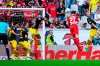 Freiburg's Nicolas Höfler, second from right, scores his side's second goal of the German Bundesliga soccer match between SC Freiburg and Borussia Dortmund in Freiburg, Germany, Saturday, Sept. 16, 2023. (Tom Weller/dpa via AP)