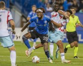 CF Montreal Jules-Anthony Vilsaint struggles as he fights his way through Chicago Fire FC defence during first half MLS soccer action in Montreal, Saturday, Sept. 16, 2023. THE CANADIAN PRESS/Peter McCabe
