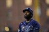 Tampa Bay Rays' Randy Arozarena looks on after striking out against Baltimore Orioles starting pitcher Grayson Rodriguez in the first inning of a baseball game, Saturday, Sept. 16, 2023, in Baltimore. (AP Photo/Julio Cortez)
