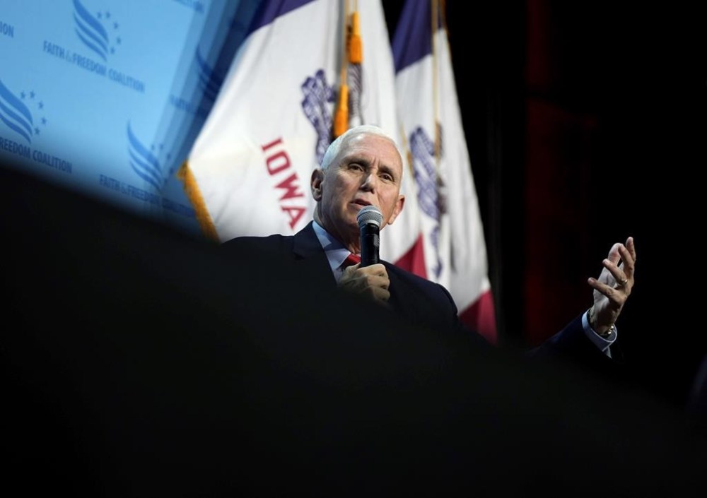 Republican presidential candidate and former Vice President Mike Pence speaks at the Iowa Faith & Freedom Coalition's fall banquet, Saturday, Sept. 16, 2023, in Des Moines, Iowa. (AP Photo/Bryon Houlgrave)