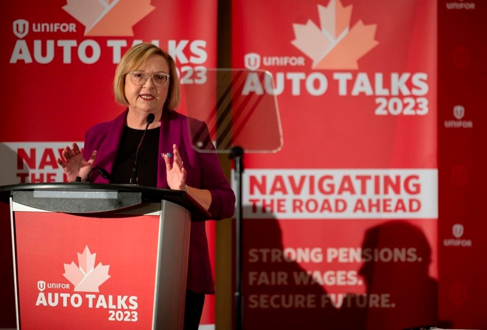 The contract between Unifor and Ford Motor Co. is set to expire on at 11:59 p.m. ET tonight. Lana Payne, Unifor National President announces Ford as the target company for the current round of negotiations with Detroit Three during a press conference in Toronto, Tuesday, Aug. 29, 2023. THE CANADIAN PRESS/Tijana Martin