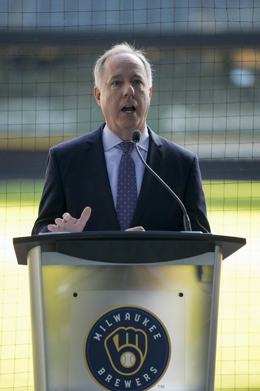 Wisconsin Speaker of the Assembly Robin Vos talks about a stadium repair funding plan aimed at keeping the Milwaukee Brewers in Milwaukee at a news conference Monday, Sept. 18, 2023, at American Family Field in Milwaukee. (AP Photo/Morry Gash)