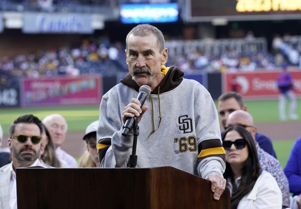 FILE - San Diego Padres owner Peter Seidler speaks during an induction of the Padres Hall of Fame before a baseball game against the Texas Rangers, Friday, July 28, 2023, in San Diego. Seidler underwent an unspecified medical procedure last month and