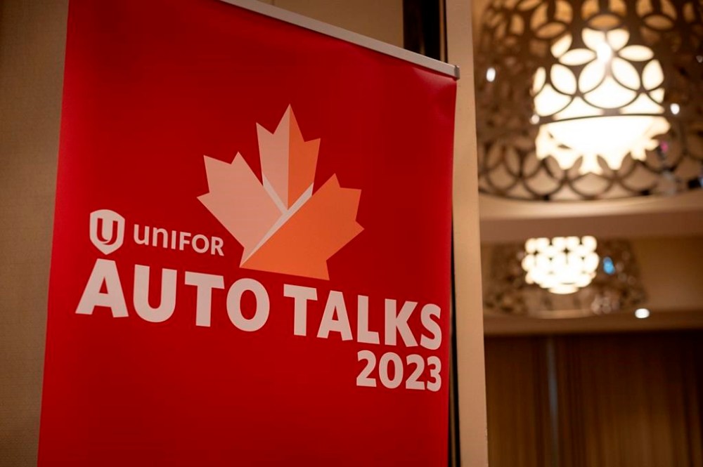 Signage for Unifor’s auto talks is shown in Toronto on Thursday, Aug. 10, 2023. THE CANADIAN PRESS/ Tijana Martin