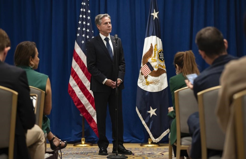Secretary of State Antony Blinken takes a question in New York Monday, Sept. 18, 2023, at a news conference as he announces that five Americans who had been jailed for years in Iran have been freed. (AP Photo/Craig Ruttle, Pool)