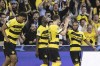 YB's Meschack Elia, right, celebrates with teammates after scoring his side's first goal, during the Champions League group G soccer match between BSC Young Boys and RB Leipzig, at the Wankdorf stadium, in Bern, Switzerland, Tuesday, Sept. 19, 2023. (Anthony Anex/Keystone via AP)