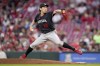 Minnesota Twins starting pitcher Kenta Maeda throws to a Cincinnati Reds batter during the third inning of a baseball game in Cincinnati, Tuesday, Sept. 19, 2023. (AP Photo/Jeff Dean)