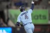 Toronto Blue Jays' George Springer celebrates after hitting a home run against the New York Yankees during the first inning of a baseball game Tuesday, Sept. 19, 2023, in New York. (AP Photo/Bryan Woolston)