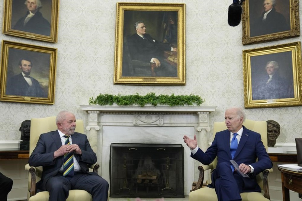 FILE - President Joe Biden speaks during a meeting with Brazil's President Luiz Inacio Lula da Silva in the Oval Office of the White House, in Washington, Feb. 10, 2023. (AP Photo/Alex Brandon, File)