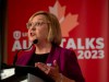 Unifor national president Lana Payne attends a news conference in Toronto, Tuesday, Aug. 29, 2023. Payne says the union's tentative deal with Ford Motor Co. will solidify the foundations on which it will continue to bargain gains for generations of autoworkers in Canada.THE CANADIAN PRESS/Tijana Martin