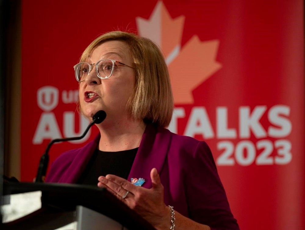 Unifor national president Lana Payne attends a news conference in Toronto, Tuesday, Aug. 29, 2023. Payne says the union's tentative deal with Ford Motor Co. will solidify the foundations on which it will continue to bargain gains for generations of autoworkers in Canada.THE CANADIAN PRESS/Tijana Martin
