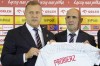Poland's new national soccer team coach Michal Probierz, right, and president of Poland's soccer federation, Cezary Kulesza, left, pose for a photo during a news conference following the appointment, in Warsaw, Poland, on Wednesday, Sept.20, 2023. Probierz is promoted from the under-21 team and takes over from Portuguese Fernando Santos who was fired last week with Poland fourth in its five-team European Championship qualifying group. (AP Photo/Czarek Sokolowski)