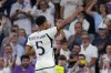 Real Madrid's Jude Bellingham celebrates after scoring his side's first goal during the Champions League group C soccer match between Real Madrid and FC Union Berlin at the Santiago Bernabeu stadium in Madrid, Wednesday, Sept. 20, 2023. (AP Photo/Manu Fernandez)