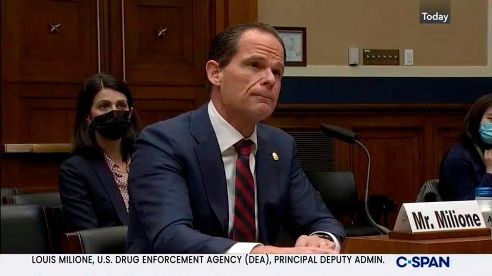 FILE - In this image from video provided by C-SPAN, Louis Milione, the U.S. Drug Enforcement Administration's principal deputy administrator, speaks during a hearing held by the House Energy and Commerce Subcommittee on Health in Washington on Dec. 2, 2021. In September 2023, Milione, the U.S. Drug Enforcement Administration’s recently departed second-in-command returned for a new stint with Guidepost Solutions, the high-powered consulting firm where he previously advised Purdue Pharma and a drug distributor fighting sanctions over a deluge of suspicious painkiller shipments. (C-SPAN via AP, File)