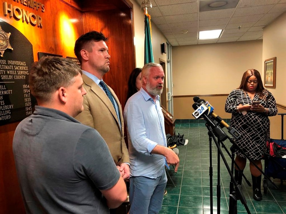 Lawyer Brice Timmons, third from left, speaks at a news conference about the indictments of nine jail deputies in connection with an inmate's beating on Wednesday, Sept. 20, 2023, in Memphis, Tenn. Timmons represents the family of Gershun Freeman, who died in last fall after a confrontation at the Shelby County Jail. (AP Photo/Adrian Sainz)