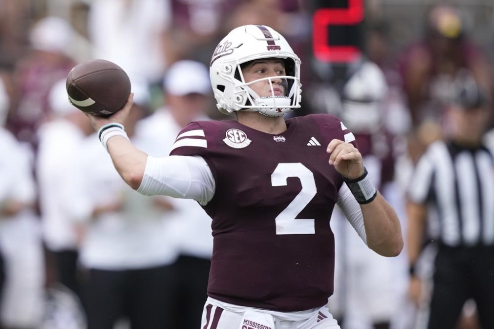 Mississippi State quarterback Will Rogers (2) attempts a pass against LSU during the second half of an NCAA college football game, Saturday, Sept. 16, 2023, in Starkville, Miss. LSU won 41-14. (AP Photo/Rogelio V. Solis)