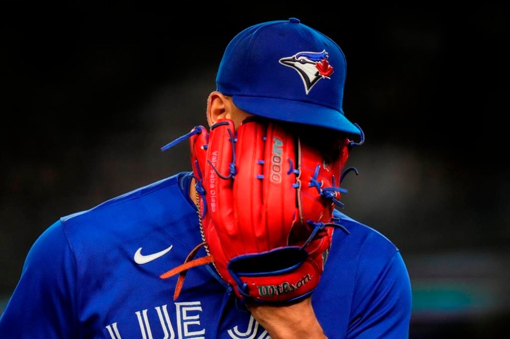 Toronto Blue Jays starting pitcher Jose Berrios leaves during the sixth inning of the team's baseball game against the New York Yankees on Thursday, Sept. 21, 2023, in New York. (AP Photo/Frank Franklin II)