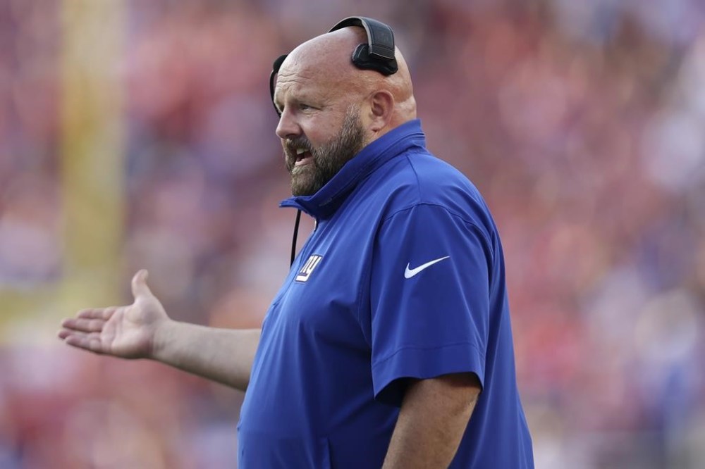 New York Giants head coach Brian Daboll reacts toward an official during the first half of an NFL football game against the San Francisco 49ers in Santa Clara, Calif., Thursday, Sept. 21, 2023. (AP Photo/Jed Jacobsohn)