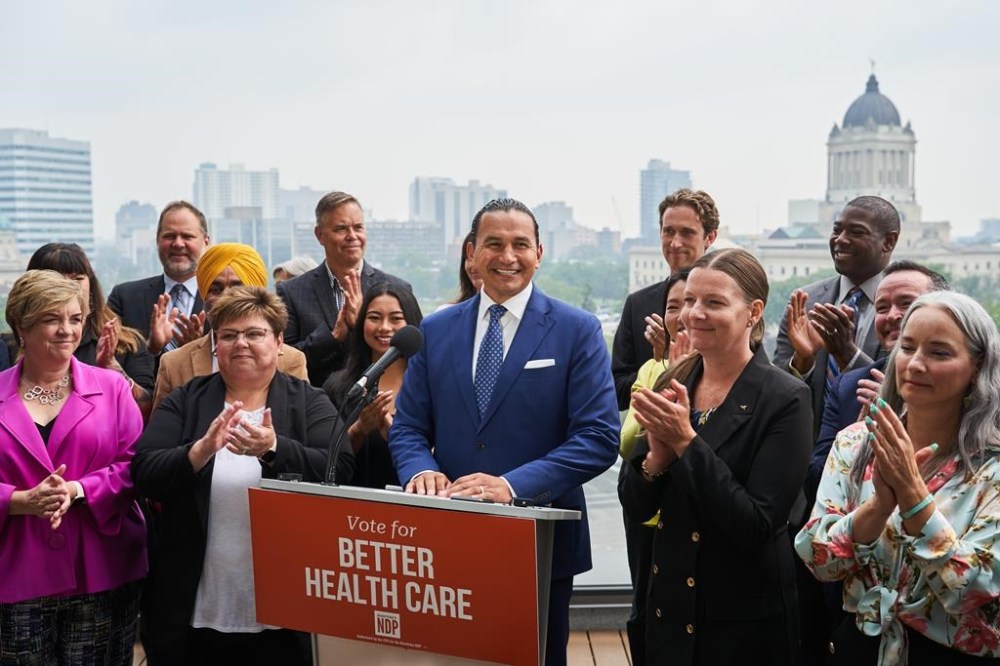 Manitoba NDP Leader Wab Kinew speaks to media during a press conference to kick off the 2023 Manitoba election campaign at the West Broadway Commons in Winnipeg on Tuesday, Sept. 5, 2023. THE CANADIAN PRESS/David Lipnowski