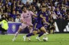 Orlando City midfielder César Araujo, right, moves ball against Inter Miami forward Leonardo Campana (9) during the first half of an MLS soccer match, Sunday, Sept. 24, 2023, in Orlando, Fla. (AP Photo/Kevin Kolczynski)