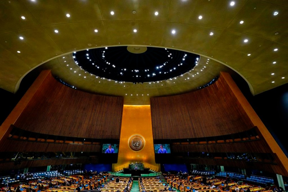 Spain's President Pedro Sanchez, addresses the 78th session of the United Nations General Assembly, Wednesday, Sept. 20, 2023, at U.N. headquarters. (AP Photo/Frank Franklin II)
