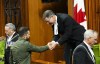 The Speaker of the House of Commons Anthony Rota shakes hands with Ukrainian President Volodymyr Zelenskyy in the House of Commons on Parliament Hill in Ottawa on Friday, Sept. 22, 2023. During Zelenskyy's visit to Ottawa, MPs in the House of Commons honoured 98-year-old Yaroslav Hunka, who fought for the First Ukrainian Division. Hunka was invited by Rota, who introduced him. THE CANADIAN PRESS/Sean Kilpatrick