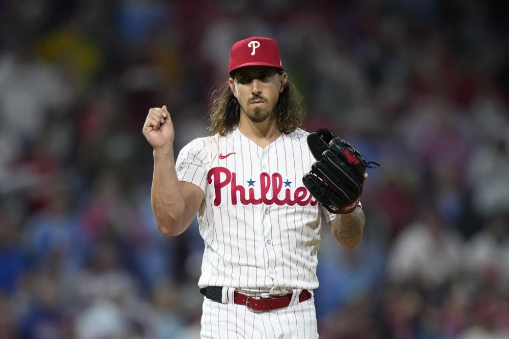 Philadelphia Phillies pitcher Michael Lorenzen reacts after the Phillies won a baseball game against the New York Mets, Sunday, Sept. 24, 2023, in Philadelphia. (AP Photo/Matt Slocum)