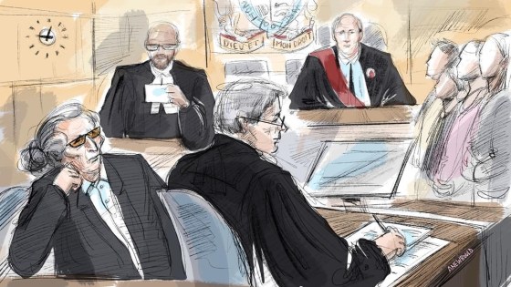 Former Canadian fashion mogul Peter Nygard, the court clerk, Nygard's lawyer Brian Greenspan, Justice Robert Goldstein and jurors in a court illustration in Toronto, last week. (Alexandra Newbould / The Canadian Press files)