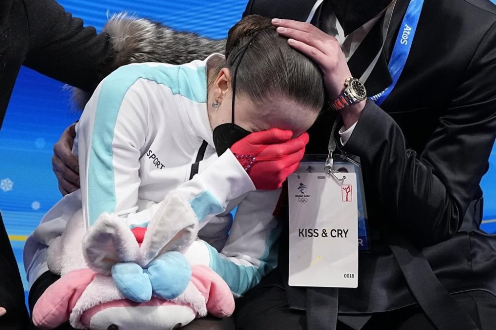 FILE -- Kamila Valieva, of the Russian Olympic Committee, reacts after competing in the women's free skate program during the figure skating competition at the 2022 Winter Olympics, on Feb. 17, 2022, in Beijing. The doping case of teenage Russian figure skater Kamila Valieva that shocked the 2022 Beijing Olympics returns to the highest court in sports on Tuesday, Sept. 26, 2023. The Court of Arbitration for Sport begins a hearing set for at least three days with Valieva, now aged 17, expected to testify by video link from Russia in a case. (AP Photo/David J. Phillip)