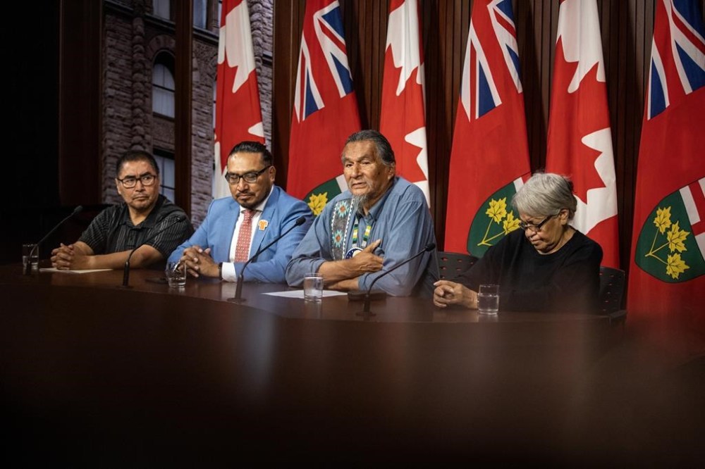 Members of the Land Defence Alliance, left to right, Chief Rudy Turtle of Grassy Narrows First Nation, Sol Mamakwa MPP, Elder Alex Moonias from Neskantaga First Nation and Cecilia Begg from Kitchenuhmaykoosib Inninuwug First Nation hold a press conference at Queen's Park in Toronto on Tuesday, September 26, 2023. THE CANADIAN PRESS/Carlos Osorio