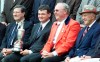 FILE - Former British Open champions from left: Peter Thomson, Paul Lawrie, Sir Michael Bonallack, Captain of the R&A Golf Club, and Sam Snead are shown during a photocall of past and present Open champions in front of the clubhouse on the Old Course at St. Andrews in Scotland Tuesday July 18, 2000. Sir Michael Bonallack once said he never considered turning pro because he didn't realize he was good enough until he was too old. No matter. His influence on the game was enormous, from his standing as Britain's greatest amateur to his running the Royal & Ancient Golf Club. Bonallack died on Tuesday, Sept. 26, 2023, at age 88, a month after he made one last appearance at St. Andrews for the opening ceremony of the Walker Cup. (AP Photo/Alistair Grant, File)