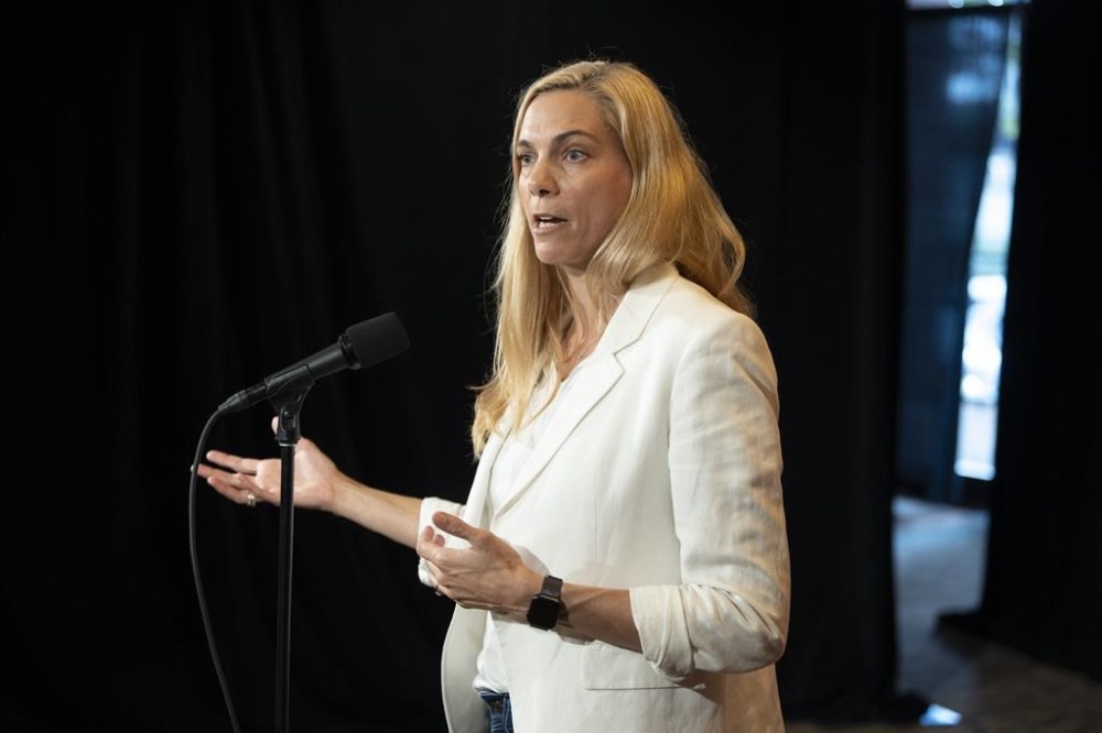 Minister of Canadian Heritage Pascale St-Onge speaks to reporters during the Liberal Cabinet retreat in Charlottetown, Monday, Aug. 21, 2023. St-Onge is urging the United States to stand strong with Canada over regulating tech giants in order to protect the news industry, and by extension democracies. THE CANADIAN PRESS/Darren Calabrese