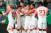Leipzig's scorer Emil Forsberg, third right, and his teammates celebrate the opening goal during the German soccer cup first round match between SV Wehen Wiesbaden and RB Leipzig in Wiesbaden, Germany, Wednesday, Sept. 27, 2023. (Uwe Anspach/dpa via AP)