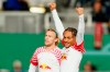 Leipzig's Xavi Simons, right, and his teammate Emil Forsberg, left, celebrate their side's third goal during the German soccer cup first round match between SV Wehen Wiesbaden and RB Leipzig in Wiesbaden, Germany, Wednesday, Sept. 27, 2023. Leipzig defeated Wiesbaden by 3-2. (Uwe Anspach/dpa via AP)