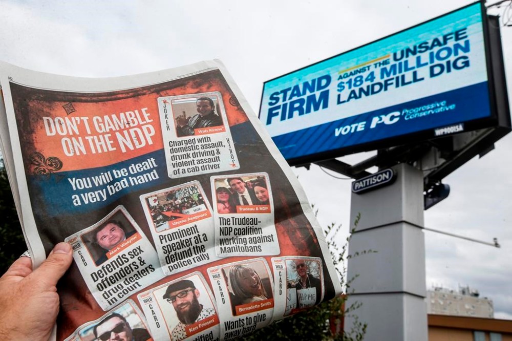 Progressive Conservative Party of Manitoba advertising appeared in the Winnipeg Free Press and on city billboards in Winnipeg on Wednesday, Sept. 27, 2023. THE CANADIAN PRESS/John Woods