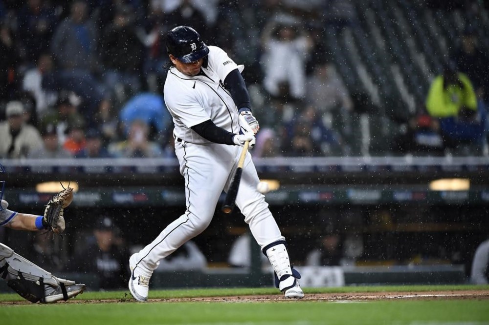 Detroit Tigers' Miguel Cabrera hits a home run off Kansas City Royals starting pitcher Jonathan Bowlan during the second inning of a baseball game Wednesday, Sept. 27, 2023, in Detroit. (AP Photo/Jose Juarez)