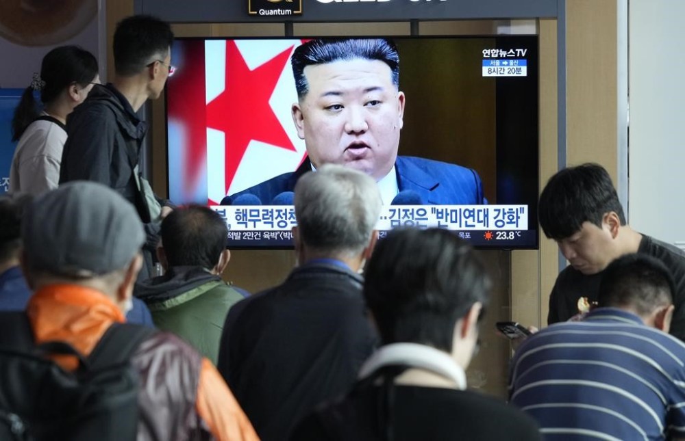 A TV screen shows an image of North Korean leader Kim Jong Un during a news program at the Seoul Railway Station in Seoul, South Korea, Thursday, Sept. 28, 2023. Kim called for an exponential increase in production of nuclear weapons and for his country to play a larger role in a coalition of nations confronting the United States in a