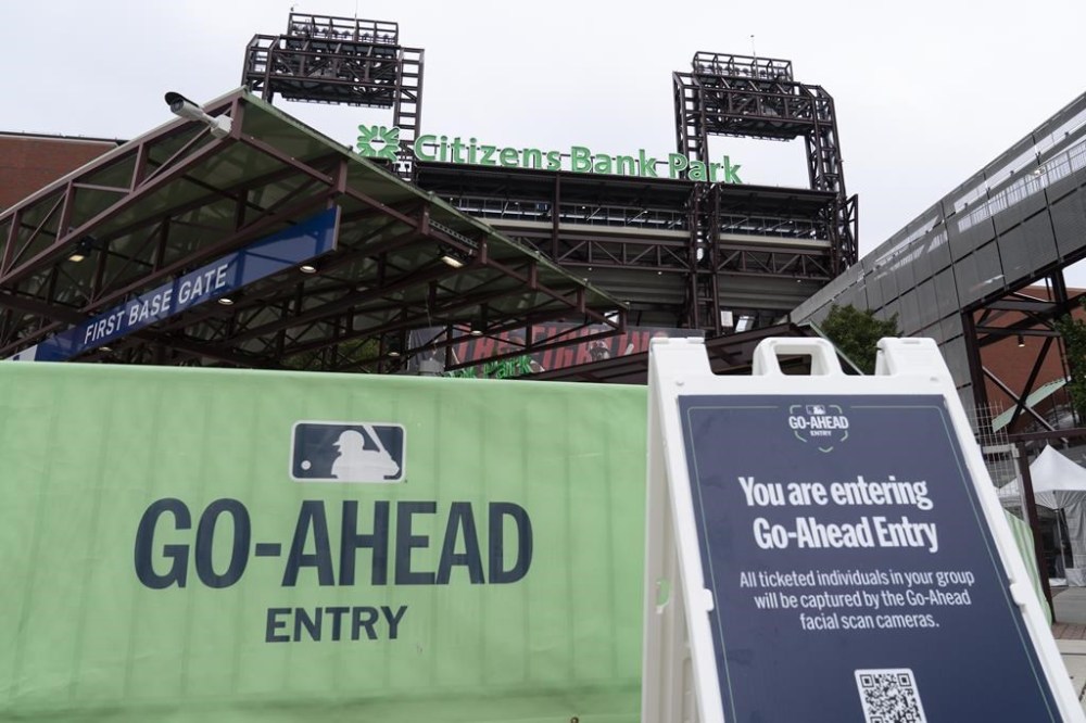 A facial scan entrance is seen at Citizens Bank Park ahead of a baseball game between the Philadelphia Phillies and the Pittsburgh Pirates, Thursday, Sept. 28, 2023, in Philadelphia. (AP Photo/Matt Rourke)