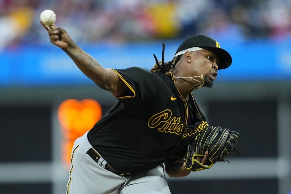 Pittsburgh Pirates' Luis Ortiz pitches during the first inning of a baseball game against the Philadelphia Phillies, Thursday, Sept. 28, 2023, in Philadelphia. (AP Photo/Matt Rourke)