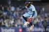 Toronto Blue Jays first baseman Vladimir Guerrero Jr. (27) performs a celebratory leap as his team beats New York Yankees 6-0 following the ninth inning MLB baseball action in Toronto, Thursday, Sept. 28, 2023. THE CANADIAN PRESS/Chris Young