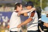 Europe's Justin Rose, right and Europe's Robert Macintyre celebrate on the 16th green after winning their afternoon Fourballs match 3&2 at the Ryder Cup golf tournament at the Marco Simone Golf Club in Guidonia Montecelio, Italy, Saturday, Sept. 30, 2023. (AP Photo/Gregorio Borgia )