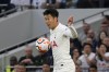Tottenham's Son Heung-min controls the ball during the English Premier League soccer match between Tottenham Hotspur and Liverpool at the Tottenham Hotspur Stadium, in London, England, Saturday, Sept. 30, 2023. (AP Photo/Alberto Pezzali)