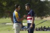 Europe's Viktor Hovland, left shakes hands with United States' Colin Morikawa after Europe won the singles match 4&3 at the Ryder Cup golf tournament at the Marco Simone Golf Club in Guidonia Montecelio, Italy, Sunday, Oct. 1, 2023. (AP Photo/Alessandra Tarantino)