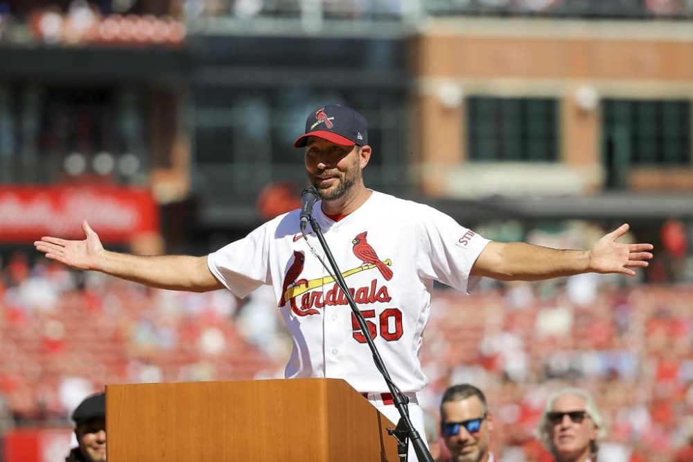 St. Louis Cardinals' Adam Wainwright speaks as he his honored during his retirement ceremony before the start of the Cardinals' final regular season baseball game, Sunday, Oct. 1, 2023, against the Cincinnati Reds in St. Louis. (AP Photo/Scott Kane)