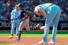 Toronto Blue Jays starting pitcher Wes Parsons, right, reacts as Tampa Bay Rays second baseman Jonathan Aranda rounds the bases after hitting a grand slam during second inning American League MLB baseball action in Toronto, Sunday, Oct. 1 2023. THE CANADIAN PRESS/Frank Gunn