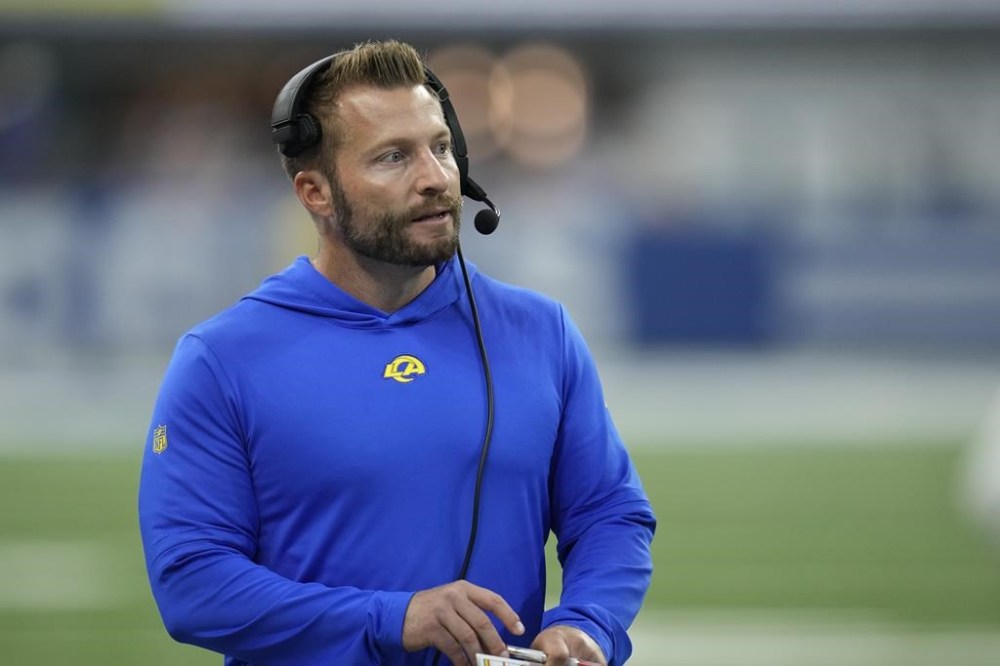 Los Angeles Rams head coach Sean McVay looks on during the second half of an NFL football game against the Indianapolis Colts, Sunday, Oct. 1, 2023, in Indianapolis. (AP Photo/Michael Conroy)