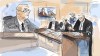 Crown prosecutors are expected to present more evidence today at the Ontario trial of a man accused of killing four members of a Muslim family in an alleged act of terrorism. London police detective Micah Bourdeau, left, is seen speaking on a video monitor as accused Nathaniel Veltman, front centre left, Justice Renee Pomerance (on screen at top centre left), defence lawyers Peter Ketcheson and Christopher Hicks, right, look on in a courtroom sketch, in Windsor, Ont., Tuesday, Sept. 19, 2023. THE CANADIAN PRESS/Alexandra Newbould