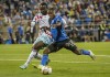 Chicago Fire FC's Ousmane Doumbia tries to block the pass of CF Montreal's Kwadwo Opoku, right, during second half MLS soccer action in Montreal on September 16, 2023. THE CANADIAN PRESS/Peter McCabe