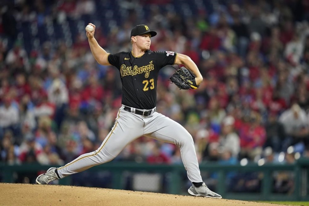 Pittsburgh Pirates' Mitch Keller pitches during the second inning of a baseball game against the Philadelphia Phillies, Tuesday, Sept. 26, 2023, in Philadelphia. (AP Photo/Matt Slocum)